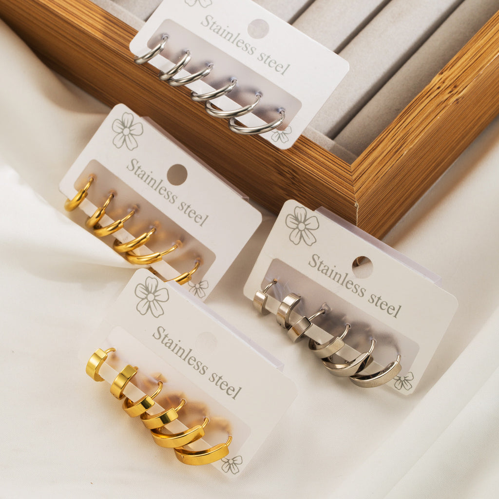 ✨ Gold Stainless Steel Hoop Earring Set – 3 Sizes