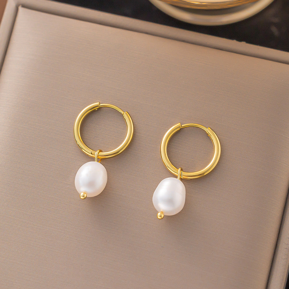 Modern Baroque Pearl Drop Hoop Earrings