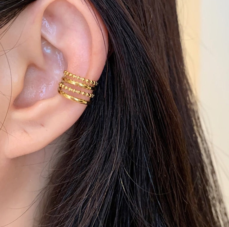 No-Piercing Stacked Ear Cuff - Gold Beaded & Polished Layers