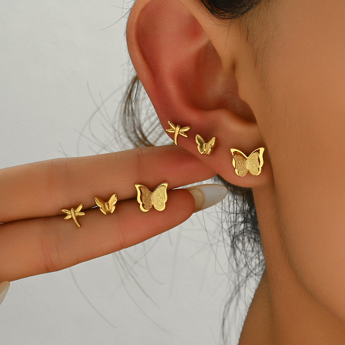 Golden Nature Stud Earring Set (3 Pairs) - Dragonflies & Butterflies