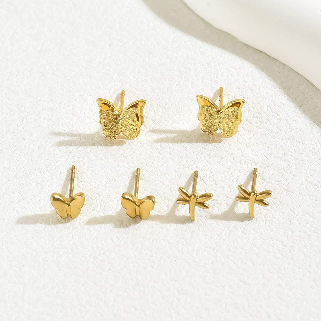 Golden Nature Stud Earring Set (3 Pairs) - Dragonflies & Butterflies