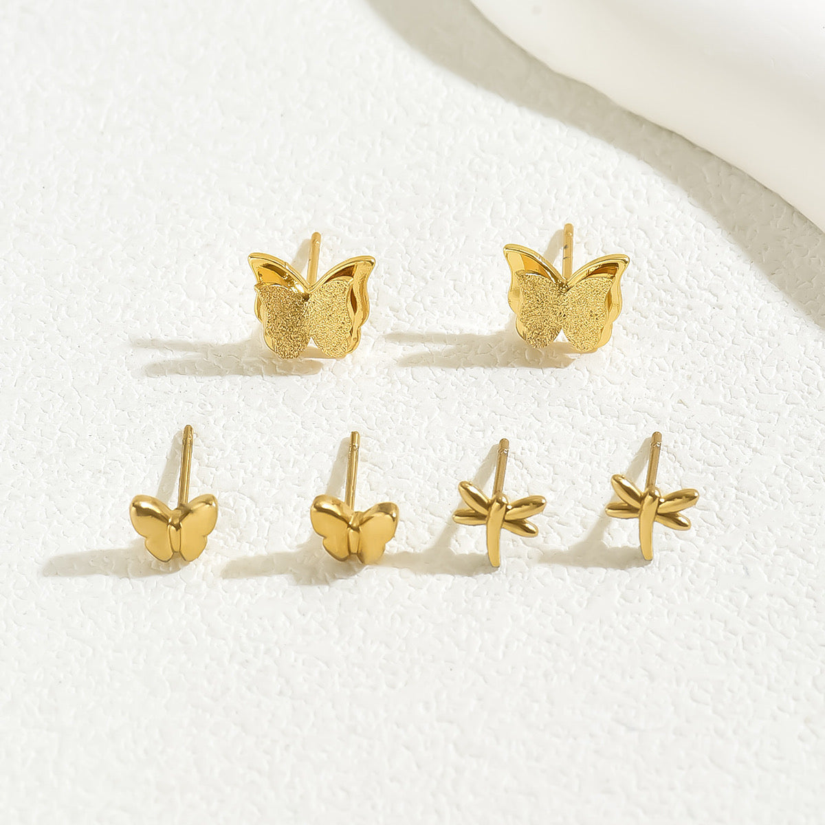 Golden Nature Stud Earring Set (3 Pairs) - Dragonflies & Butterflies