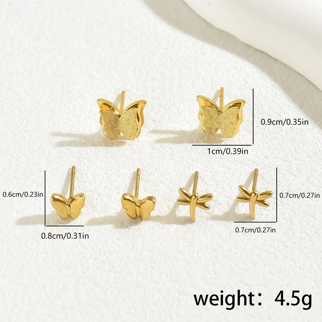Golden Nature Stud Earring Set (3 Pairs) - Dragonflies & Butterflies