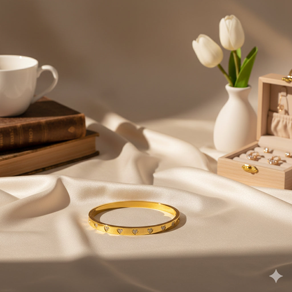 Forever Love Bangle - 18K Plated, Non-Tarnish Heart Motif Bracelet