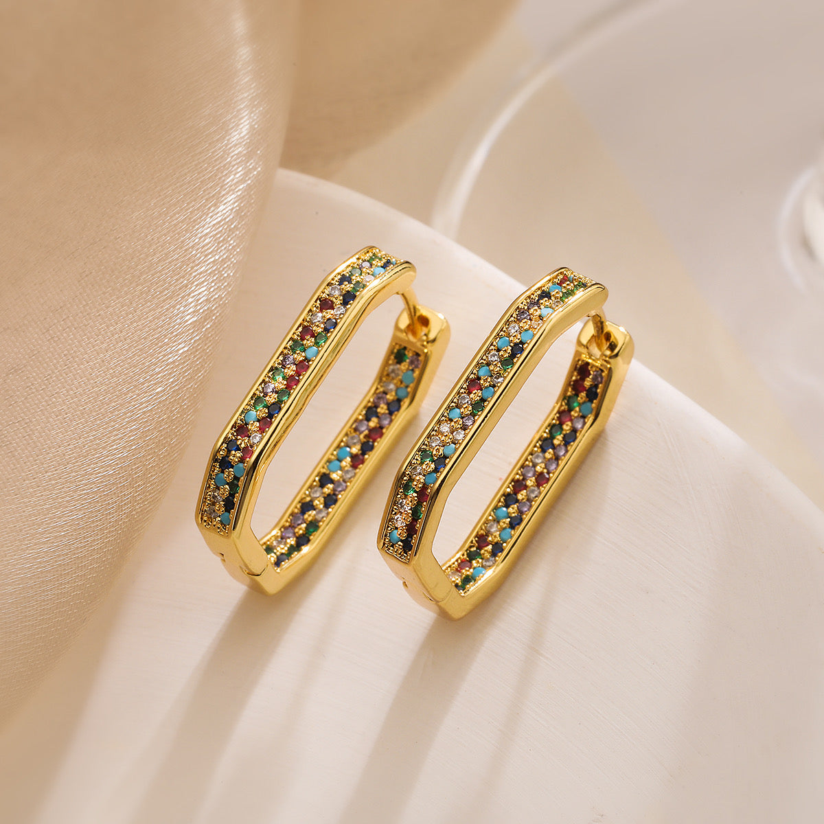 ✨ Elegant Multicolor Stone Gold Hoop Earrings ✨
