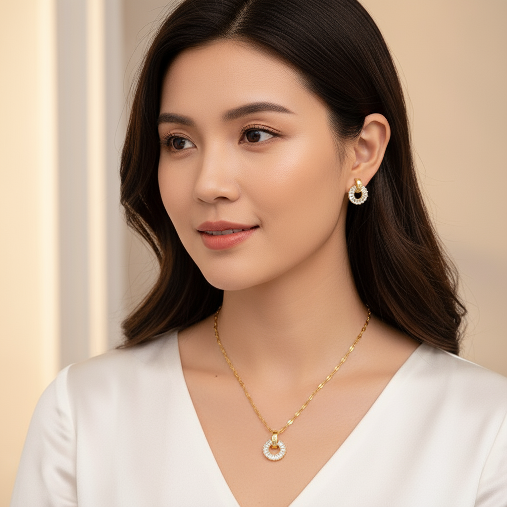 Elegant Gold-Plated Circle Pendant & Earring Set